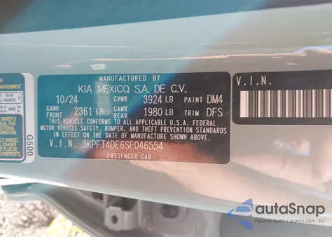 2025 Kia K4 Lxs из США, поврежденный, VIN 3KPFT4DE6SE046554